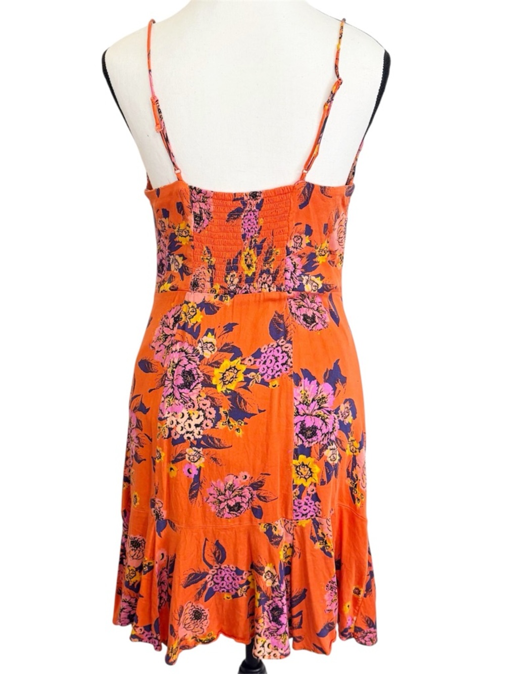 FREE PEOPLE Happy Heart Floral Mini Dress Orange Tie Front Smocked Back M Slip - Picture 4 of 8